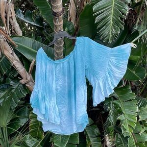Elon Bohemian off the shoulder, tie-dye top with ruffled sleeves